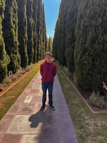 Alex on a garden path between tall cypress trees