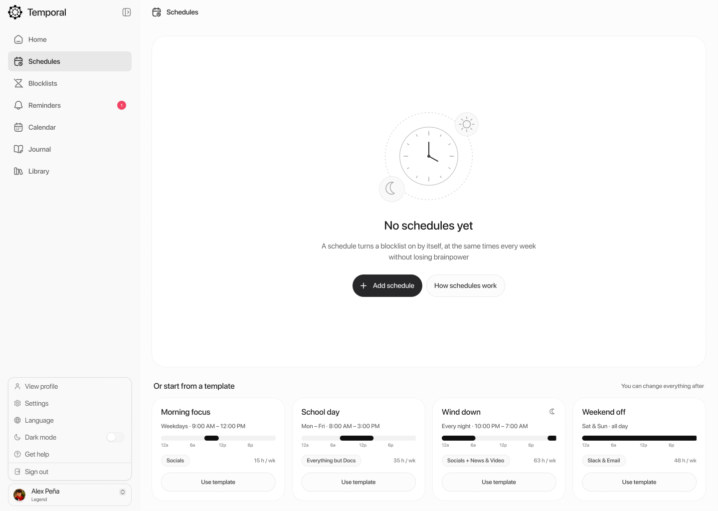 Temporal productivity app — Schedules screen